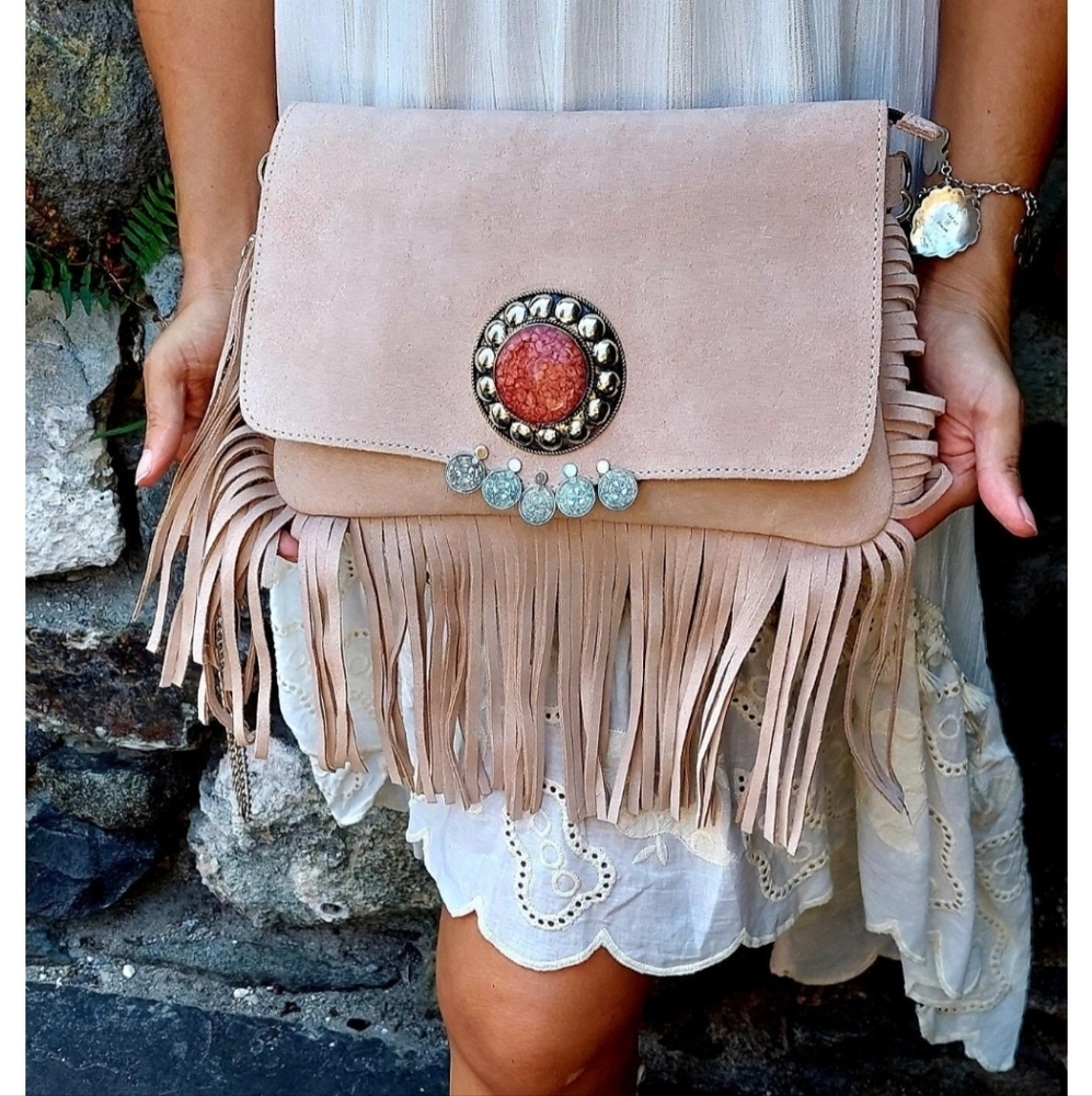 Tan Fringed  BOHO Clutch with Medallion Accent